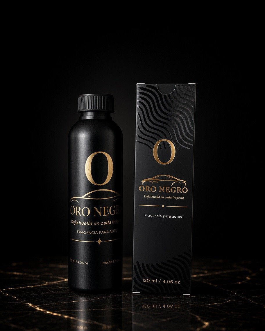 Frasco negro ORO NEGRO con su caja sobre una superficie oscura