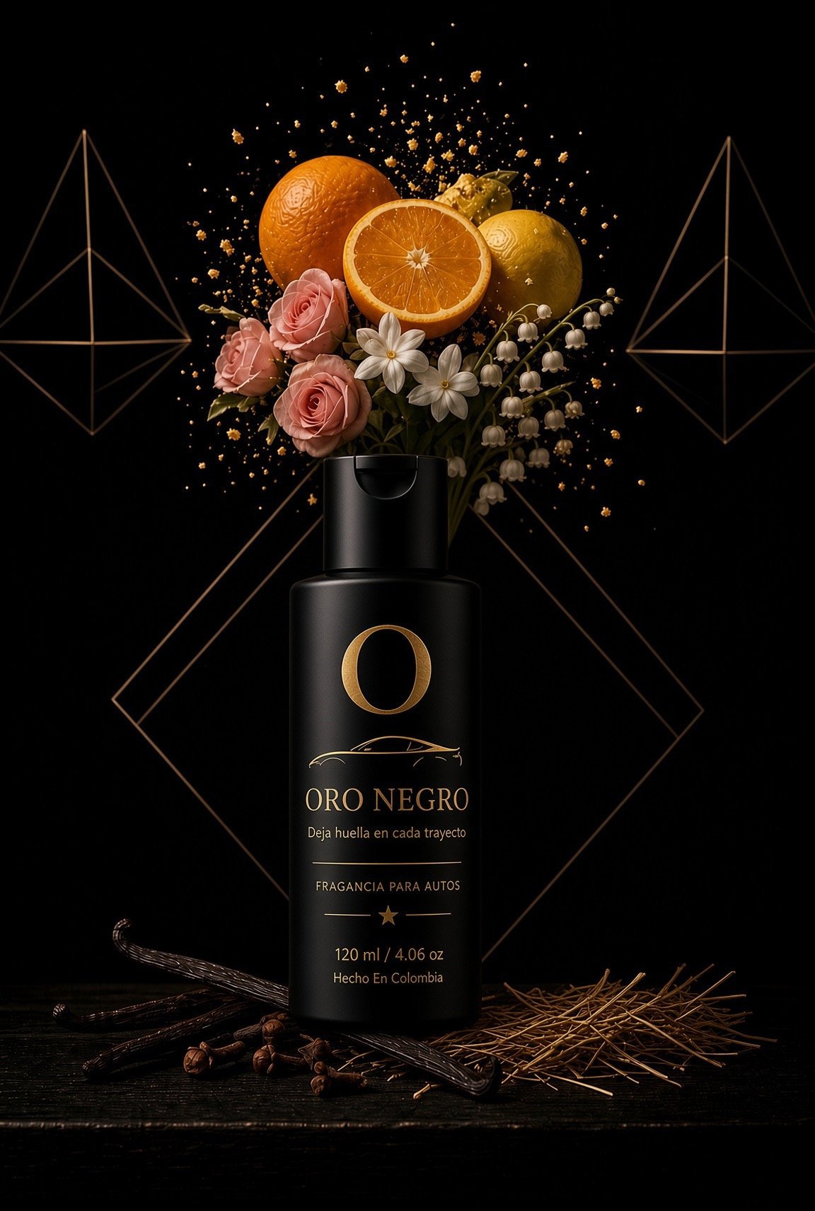 Frasco ORO NEGRO Gold con una composición de naranja, limón y flores sobre negro